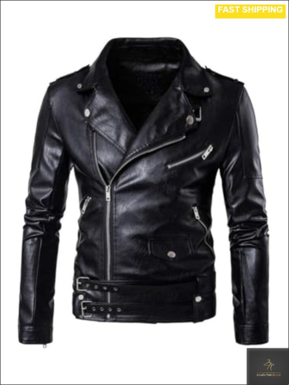 Men's Faux Leather Motorcycle Jacket Slim Fit Belted Biker Coat